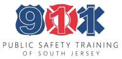 red and blue police fire ems logo on top of the words public safety training of south jersey